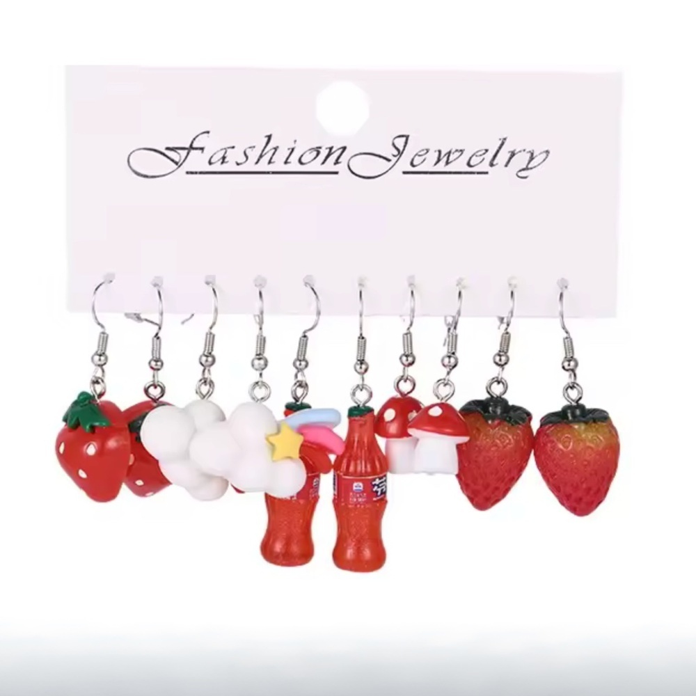 5-Pair Resin Earring Set – Cute Strawberry, Soda, Mushroom & Cloud Dangles